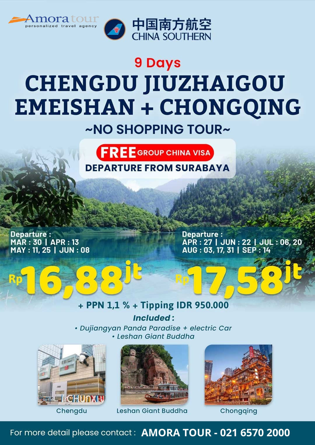 9D CHENGDU JIUZHAIGOU EMEISHAN + CHONGQING BY CZ